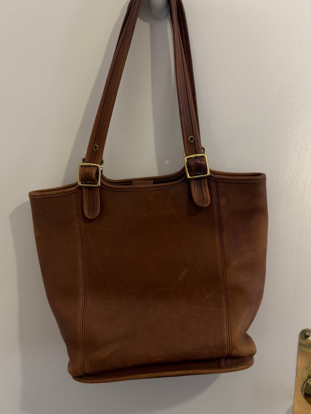 Vintage Coach Classic Tan Leather Shoulder Tote with Buckle-Strap Handles